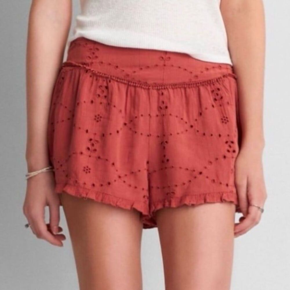 American Eagle terracotta orange eyelet ruffle shorts